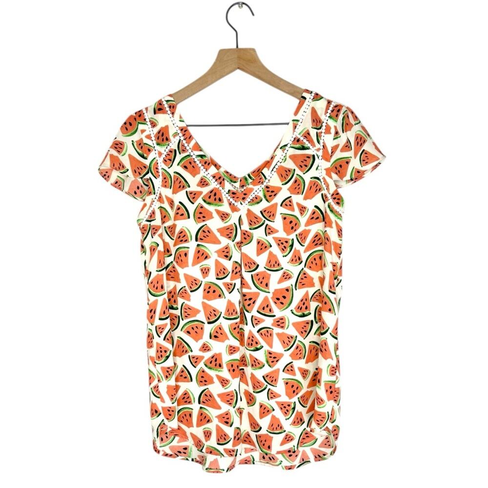 Anthropologie Maeve Watermelon Print Blouse Size 4 V-Neck Cap Sleeve